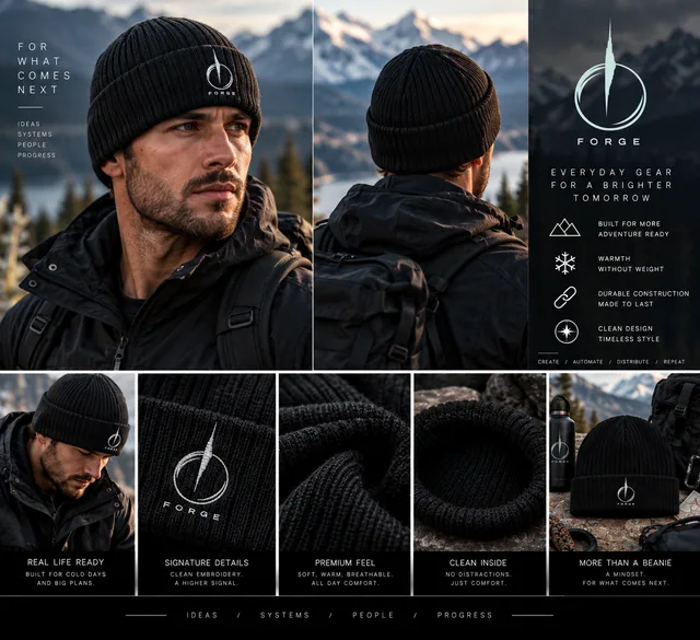 Black cuffed FORGE knit beanie with a white embroidered logo.