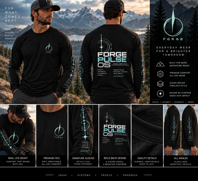 Black FORGE long sleeve with mint sleeve geometry and Pulse OS back artwork.
